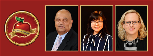 Headshots of previous Teacher of the Year winners, Charles Whittaker, Jing Dai, and Emily Davis.